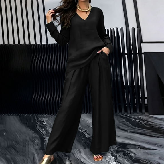 Guieoi Matching Outfits for Women Solid-Color Long-Sleeve V-Neck Loose-Fit Pants Set Black XXXXXL