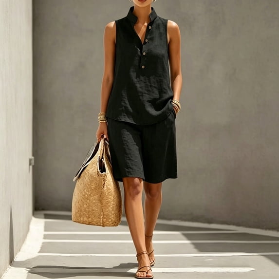 Guieoi Matching Tank and Shorts Set Summer Loose-Fit Casual Cotton-Linen Collared Sleeveless Half-Button Outfit Black S