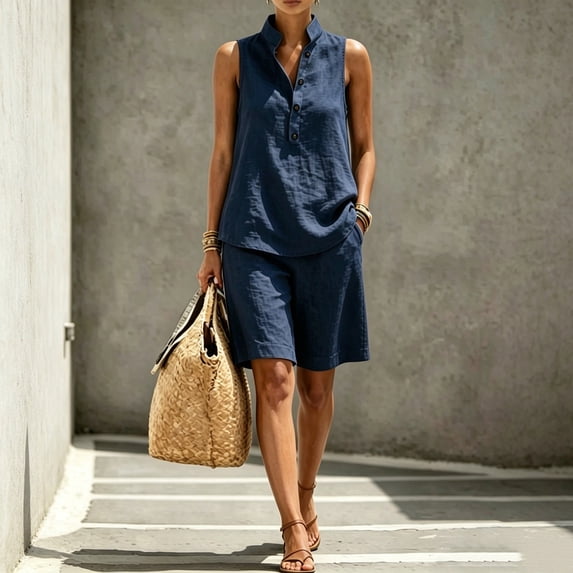 Guieoi Matching Tank and Shorts Set Summer Loose-Fit Casual Cotton-Linen Collared Sleeveless Half-Button Outfit Blue XXXL