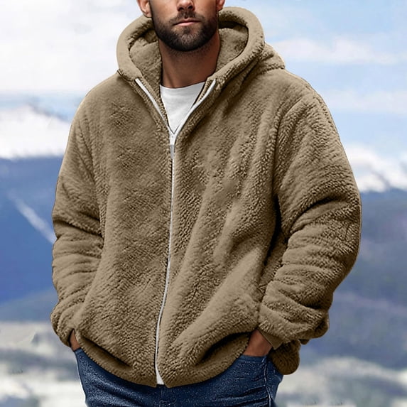 Guieoi Mens Coats and Jackets Winter Fashion Men's Fleece V-Neck Zipper Long Sleeve Hooded Blouse Sweatshirt Brown
