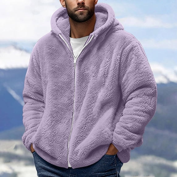 Guieoi Mens Coats and Jackets Winter Fashion Men's Fleece V-Neck Zipper Long Sleeve Hooded Blouse Sweatshirt Purple Black*Friday/Cyber*Monday