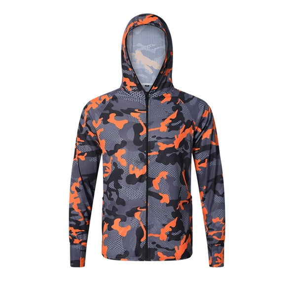 Guieoi Mens Coats and Jackets Winter Clearance Men Outdoor Long Sleeve Zipper Hooded Breathable Camouflage Thin Fishing Clothes Sun Protection Clothing Orange Black*Friday/Cyber*Monday Clearance