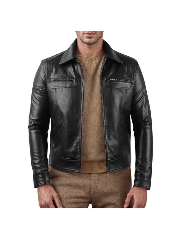 Mens Coats and Jackets Winter Clearance Men Zipper Pocket Artificial Leather Clothing Long Sleeves No Hat Fall And Winter Loose Coat Black Black*Friday/Cyber*Monday Clearance