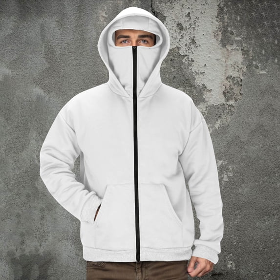 Guieoi Mens Coats and Jackets Winter Men's Cargo Jakets Solid Color Pocket Sports Training Long Sleeved Double Hat With Hood White