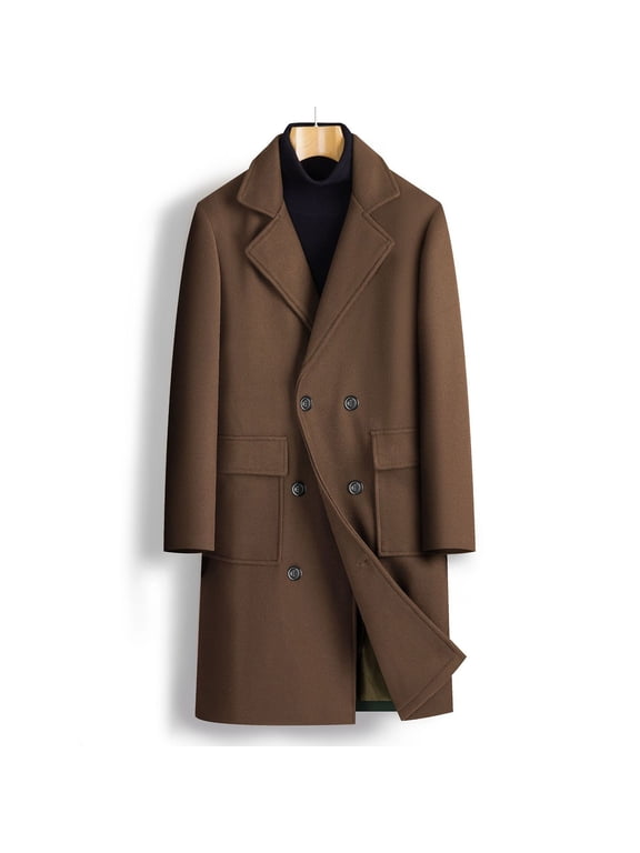 Mens Coats Outerwear Winter Clearance 4xl Double-breasted Warm Woolen Cloth Jacket Long Coat Flip Collar Long Sleeve Casual with Pocket Brown Black*Friday/Cyber*Monday Clearance