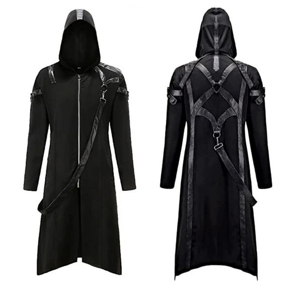 Guieoi Mens Coats Outerwear Winter Clearance 4xl Men Solid Hooded Long Sleeve Zipper Costume Cosplay Coat Vintage Jacket Black Black*Friday/Cyber*Monday Clearance