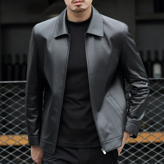 Guieoi Mens Coats Outerwear Winter Clearance 4xl Men Vintage Jacket Leather Long Sleeve Winter Stand Collar Coat Fashion Men's Leather Jackets Casual Black Black*Friday/Cyber*Monday Clearance