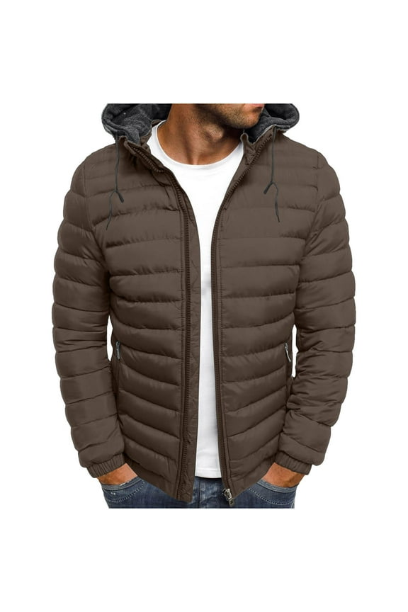 Mens Coats Outerwear Winter Clearance 4xl Men's Solid Color Hooded Puffer Jacket Padded Men's Warm Lightweight Jacket with hood Brown Black*Friday/Cyber*Monday Clearance