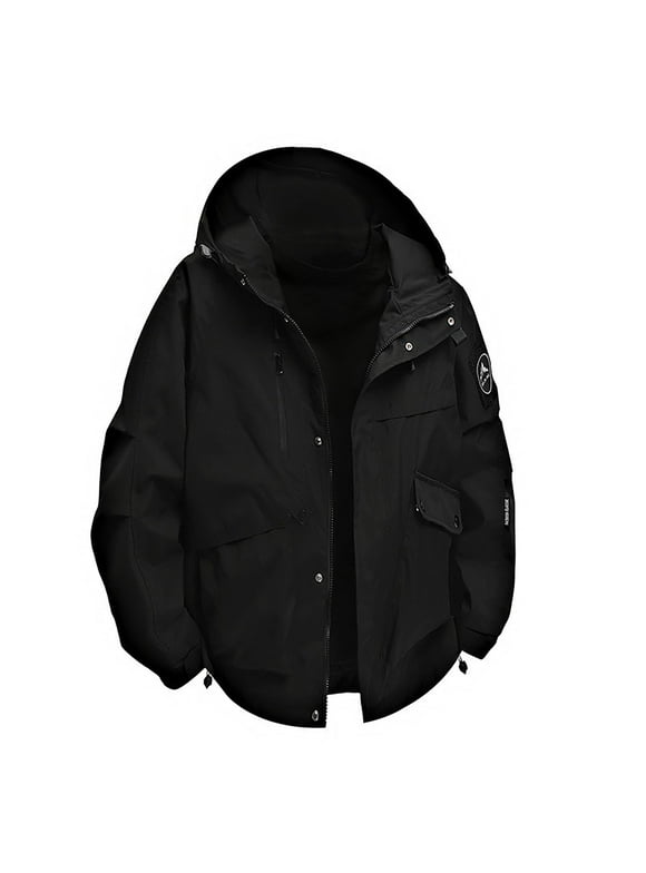 Mens Coats Outerwear Winter Clearance 4xl Men's Solid Color Waterproof Long Sleeved Hooded Workwear With Multiple Pockets Jacket Black Black*Friday/Cyber*Monday Clearance