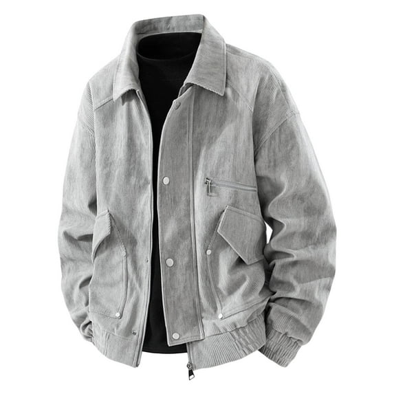 Guieoi Mens Coats Outerwear Winter Clearance 4xl Men's Solid Color Zipper Cardigan Long Sleeved Lapel Corduroy Workwear Jacket Gray Black*Friday/Cyber*Monday Clearance