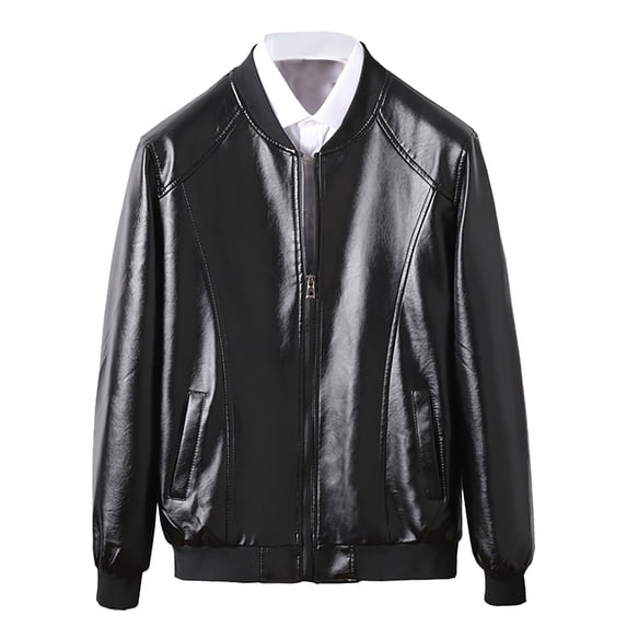 Guieoi Mens Coats Outerwear Winter 4xl Men's Thin Leather Jacket Round Neck Slim Baseball Collar Leather Jacket Men's Motorcycle Leather Jacket