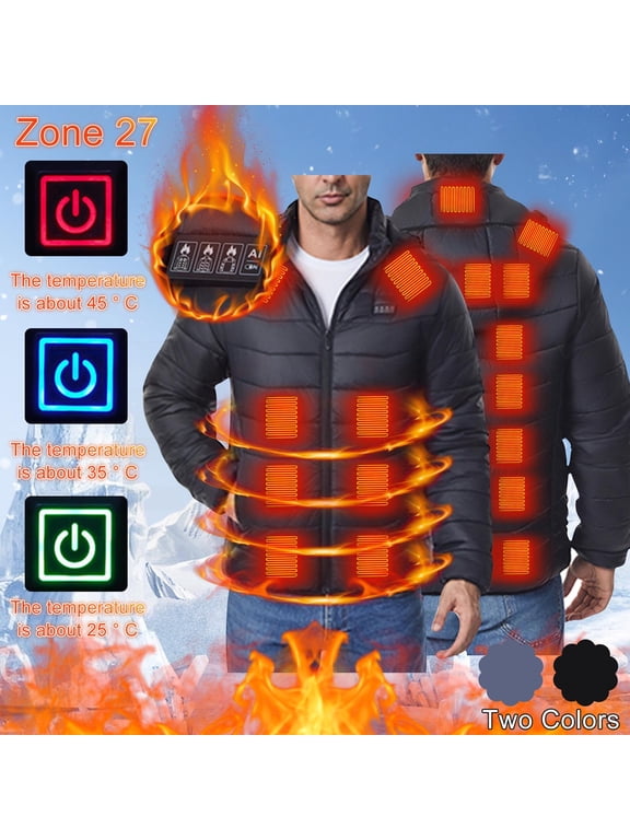 Mens Coats Outerwear Winter Jackets Clearance Men Casual Solid Zipper Four Control 27 Areas Heating USB Charging Long Sleeve Hooded Thermal Jackets Black Black*Friday/Cyber*Monday Clearance