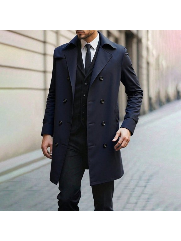 Mens Coats Outerwear Winter Jackets Clearance Men's Double Breasted Casual Trench Coat Mid Length Lapel Coat Solid Color Men's Trench Coat Black Black*Friday/Cyber*Monday Clearance