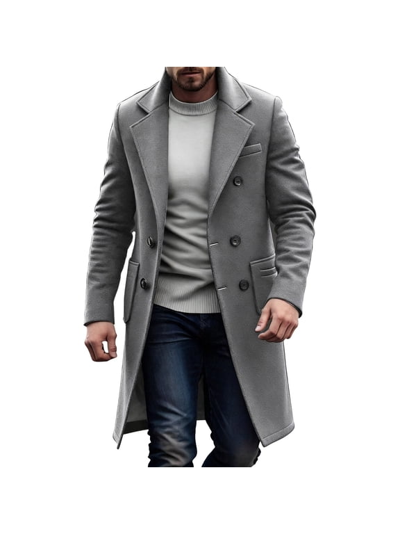 Mens Coats Outerwear Winter Jackets Clearance Men's Double Breasted Casual Trench Coat Woolen Lapel Coat Solid Color Men's Trench Coat Gray Black*Friday/Cyber*Monday Clearance