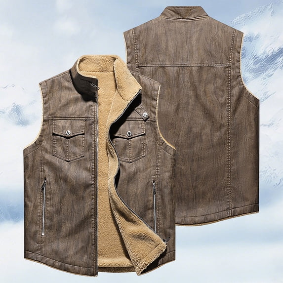 Guieoi Mens Coats Outerwear Winter Jackets Clearance Men's Fashion Motorcycle Solid Color Collar Warm Sleeveless Casual Leather Jacket Brown Black*Friday/Cyber*Monday Clearance