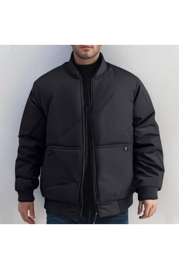 Mens Coats Outerwear Winter Jackets Clearance Men's Solid Color Long Sleeved Stand-up Collar Zipper Thick Pocket Jacket Black Black*Friday/Cyber*Monday Clearance