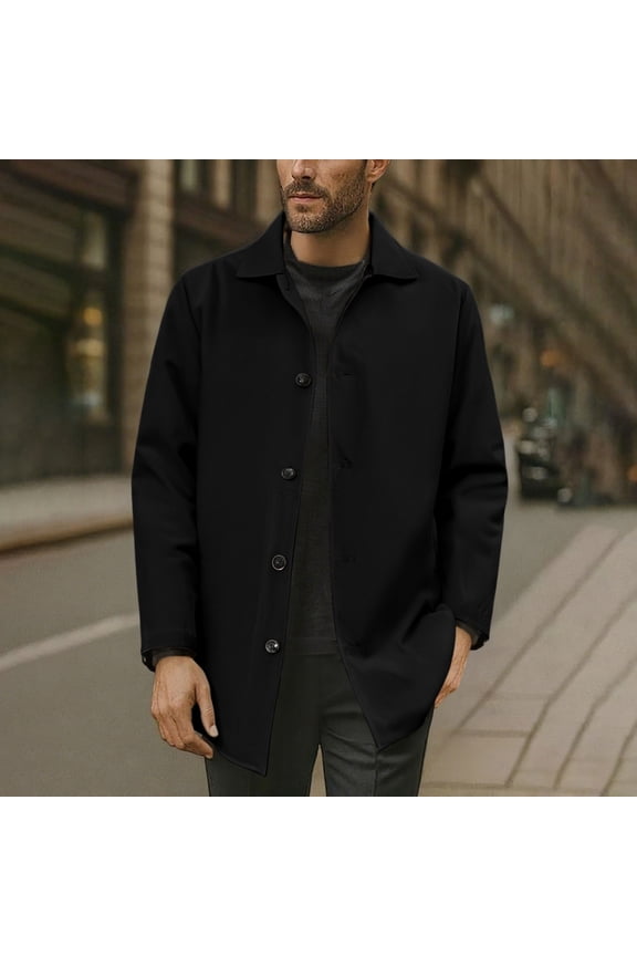 Mens Coats Outerwear Winter Jackets Clearance Men's Solid Medium Long Casual Coat Coat Long Sleeve Lapel Collar Pocket Coat Black Black*Friday/Cyber*Monday Clearance