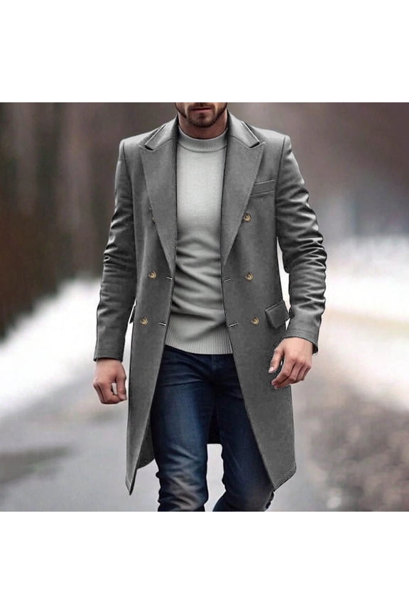 Mens Coats Outerwear Winter Jackets Clearance Men's Windbreaker Double Breasted Woolen Coat Woolen Coat Solid Color Men's Casual Windbreaker Gray Black*Friday/Cyber*Monday Clearance