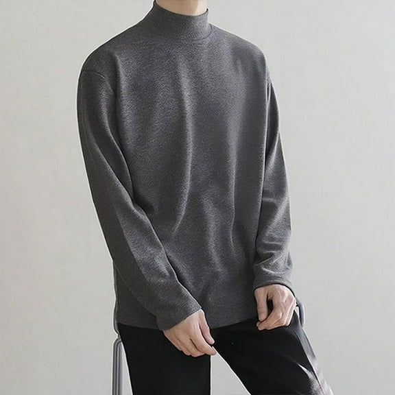 Guieoi Mens Shirts under $5.00 Men's Derung TurtleNeck Vintage Solid Color Elastic Pullover Fleecing Trend Sweater Top Gray
