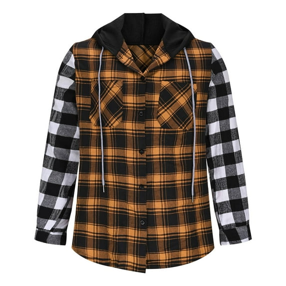 Guieoi Mens Shirts under $5.00 Men's Hooded Casual Button Down Brushed Plaid Shirt Men's Color Blocked Long Sleeved Hooded Top Orange