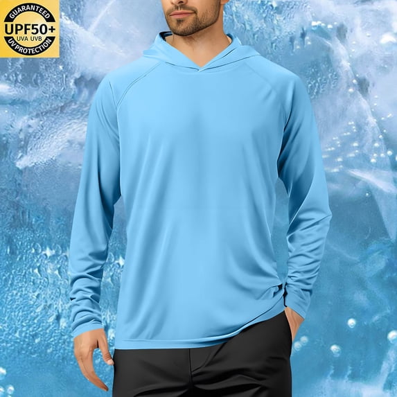 Guieoi Mens Shirts under $5.00 Men's Summer Sunscreen Is Breathable Solid Color Long Sleeve with A Mask Hooded Blouse Blue