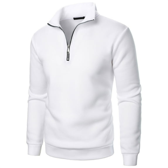 Guieoi Mens Shirts under $5.00 Men Casual Solid Stand Up Collar Zipper Long Sleeved Pullover Top White