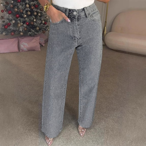 Guieoi Mid-Waist Jeans for Women Plus Size Rhinestone-Embellished Stretchy Denim Pants with Pockets Trousers Clothing Gray XXXL