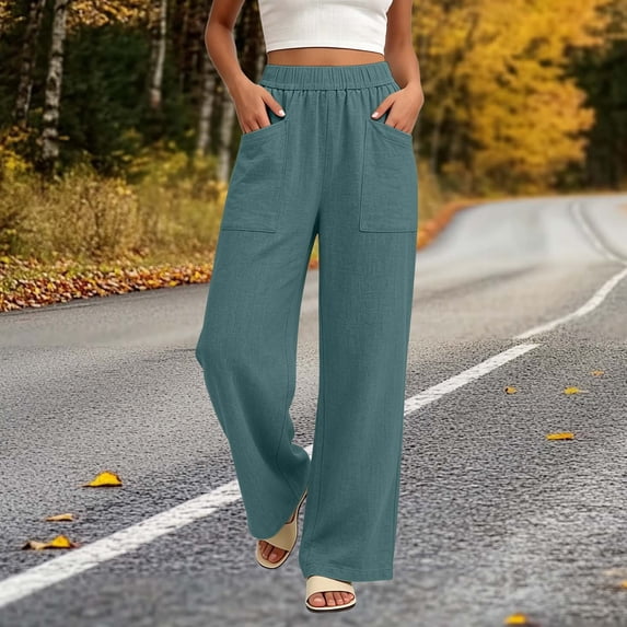 Guieoi Palazzo Pants for Women Casual Slub Linen Double-Pocket Elastic-Waist Straight-Leg Summer Work Trousers Green XL