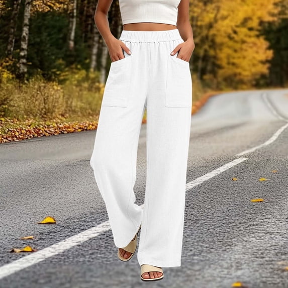 Guieoi Palazzo Pants for Women Casual Slub Linen Double-Pocket Elastic-Waist Straight-Leg Summer Work Trousers White M
