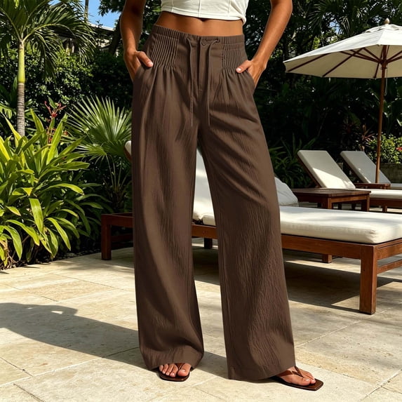 Guieoi Palazzo Pants for Women Casual Versatile Drawstring Button-Front Straight-Leg Summer Work Trousers Brown S