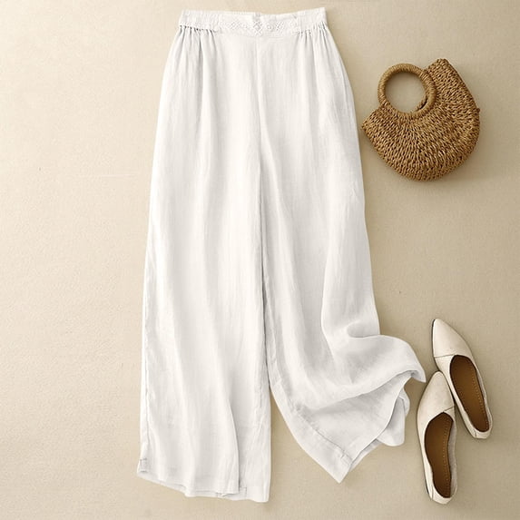Guieoi Palazzo Pants for Women Comfortable, Skin-Friendly Elastic-Waist Embroidered Wide-Leg Loose-fit Flowy Pants White XXL