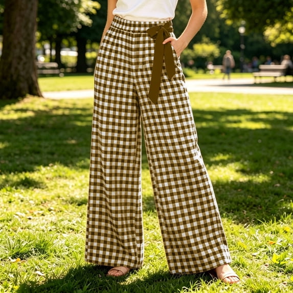 Guieoi Palazzo Pants for Women High-Waisted Checkered Wide-Leg Loose Fit with Stretch Waistband and Pockets Trousers Brown XL