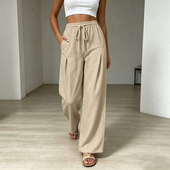 Guieoi Palazzo Pants for Women Summer Cotton-Linen Blend Casual with Pockets, Pleats, and Elastic Waistband Trousers Beige M
