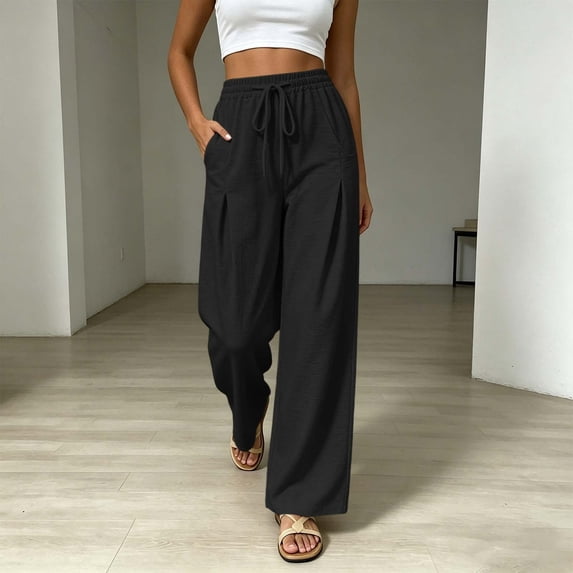 Guieoi Palazzo Pants for Women Summer Cotton-Linen Blend Casual with Pockets, Pleats, and Elastic Waistband Trousers Black XXL