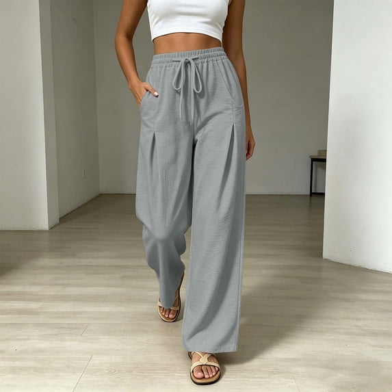 Guieoi Palazzo Pants for Women Summer Cotton-Linen Blend Casual with Pockets, Pleats, and Elastic Waistband Trousers Gray S
