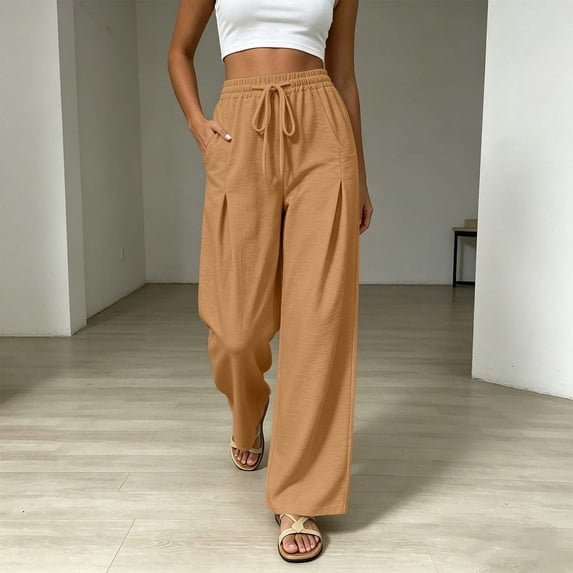Guieoi Palazzo Pants for Women Summer Cotton-Linen Blend Casual with Pockets, Pleats, and Elastic Waistband Trousers Orange L
