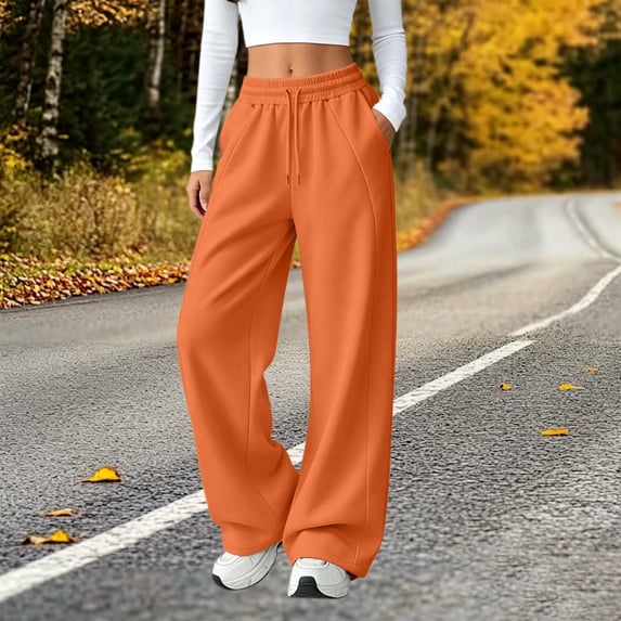 Guieoi Pants for Women Plus Size Casual Drawstring with Elastic Waist Straight-Leg Back Pockets Trousers Orange XL