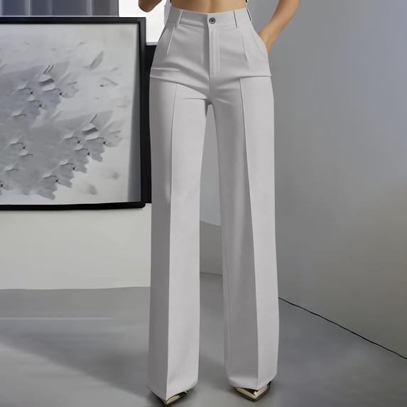 Guieoi Pants for Women Plus Size High-Waisted Drapey Straight-Leg Elegant and Minimalist Wide-Leg Suit Pants with Pockets Gray M