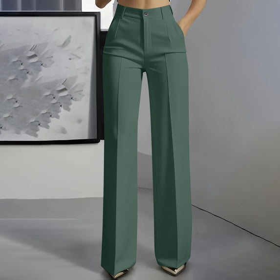 Guieoi Pants for Women Plus Size High-Waisted Drapey Straight-Leg Elegant and Minimalist Wide-Leg Suit Pants with Pockets Green XXL