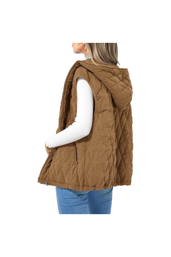 Plus Size Fashion Jackets for Women Winter Solid Color Outerwear Zipper Sleeveless Tank Tops Hooded Pocket Draw Rope Casual Jacket Brown