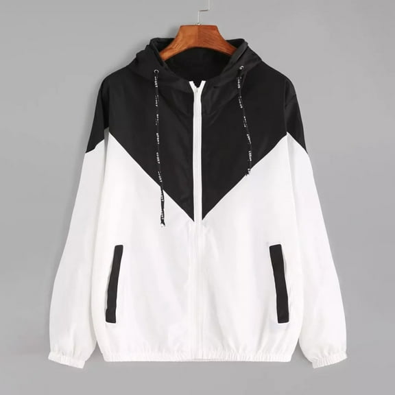 Guieoi Plus Size Fashion Winter Coats for Women Long Sleeve Pocket Color-block Elastic Waist Hooded Jacket