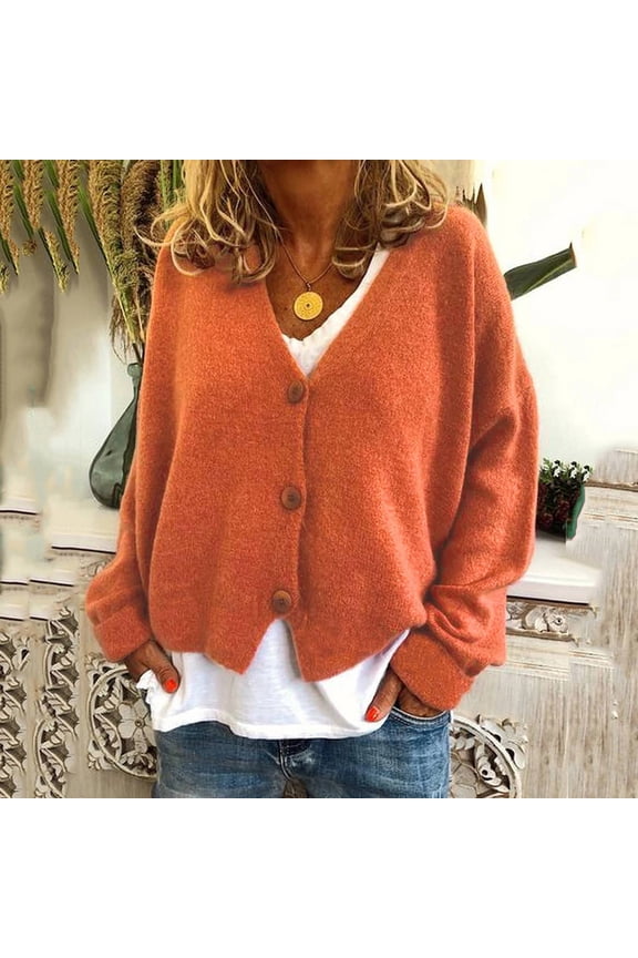 Plus Size Jackets for Women Winter Button Solid Knit Sweater Cardigan Long Sleeve Jackets Orange