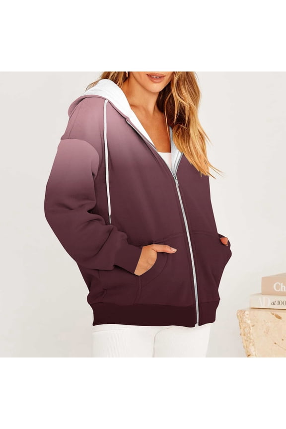 Plus Size Jackets for Women Winter Casual Printed Zippered Long Sleeve Hooded Sweater Jacket Tops Red