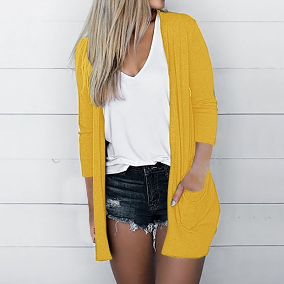 Guieoi Plus Size Jackets for Women Winter Color Three Quarter Sleeve Casual Tops Blouse with Pocket Cardigan Yellow