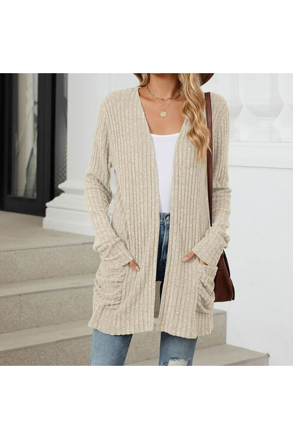 Plus Size Jackets for Women Winter Fashion Brushed Stripe Long Sleeve Jackets for Women Winter Cardigan Coat Beige