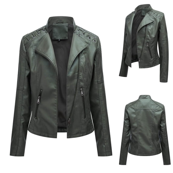 Guieoi Plus Size Jackets for Women Winter Fashion Lapel Motor Jacket Coat Zip Biker Short Punk Cropped Tops Green