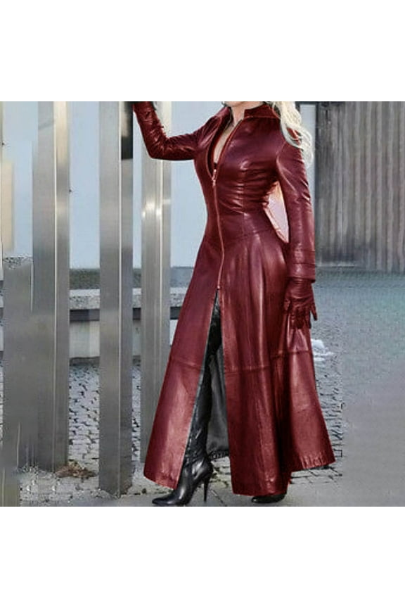 Plus Size Jackets for Women Winter Fashion Sexy and Winter Solid Long Leather Coat Imitation Leather Windbreaker Coat Red