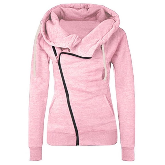 Guieoi Plus Size Jackets for Women Winter Loose Fashion Lapel Coat Zipper Long Sleeve Fleece Hoodie Coat Pink