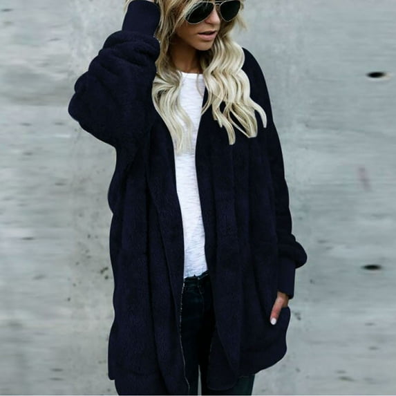Guieoi Plus Size Jackets for Women Winter Oversized Open Front Hooded Draped Pockets Cardigan Coat Blue