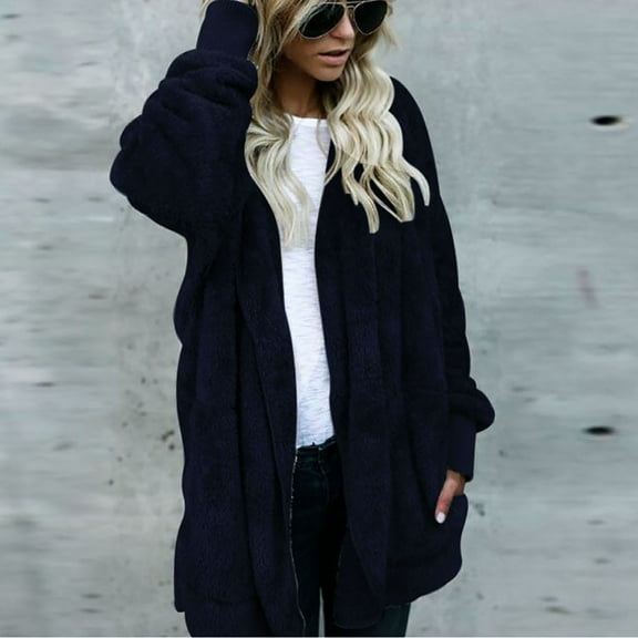 Guieoi Plus Size Jackets for Women Winter Oversized Open Front Hooded Draped Pockets Cardigan Coat Blue